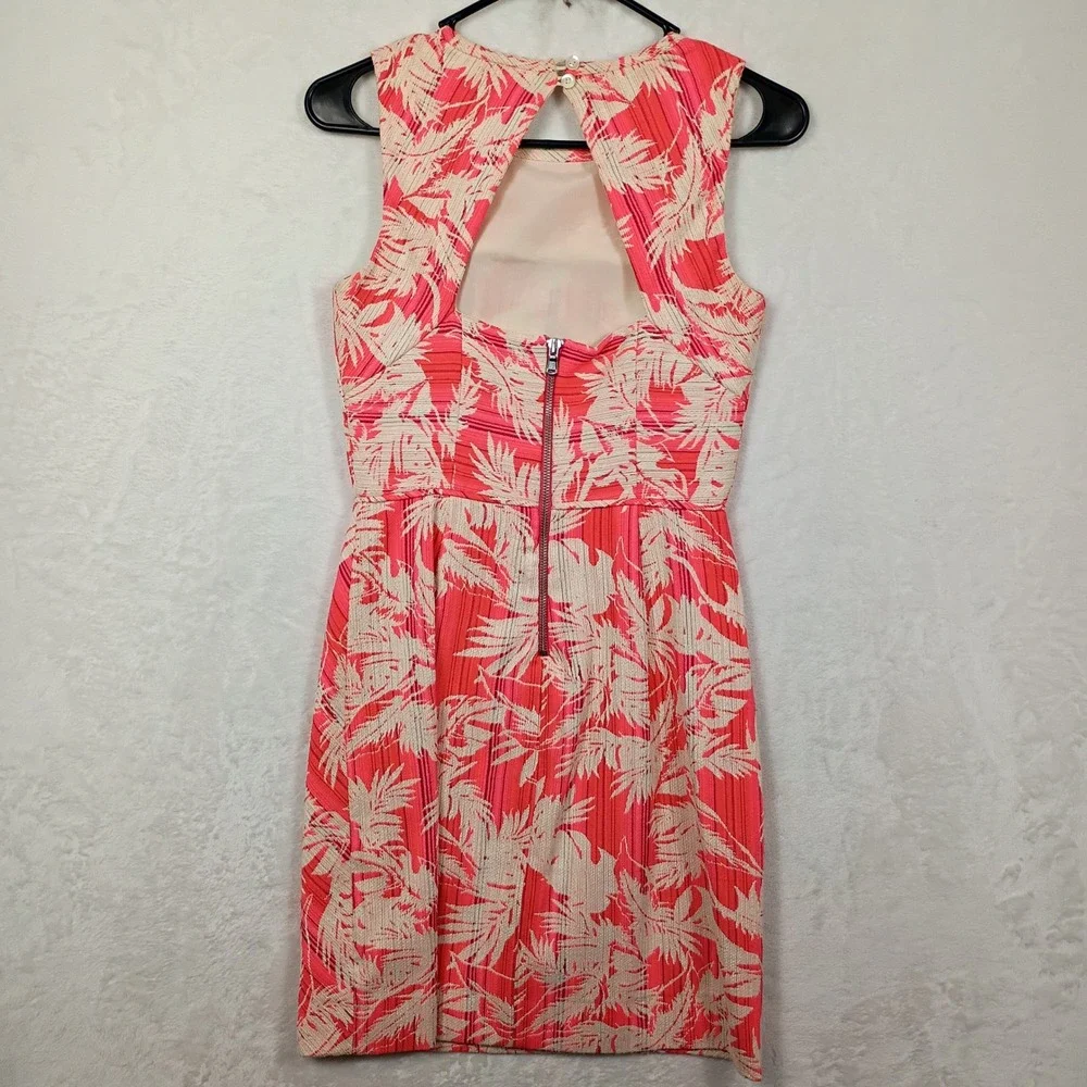 J. Crew Mini Dress Womens 00 Pink Tropical Palm Leaf Jacquard Summer Boho Preppy